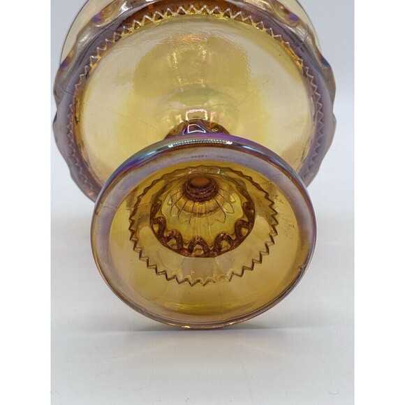 Kings Crown Indiana IRIDESCENT AMBER MARIGOLD Carnival Glass Candy Dish Compote - Picture 4 of 9